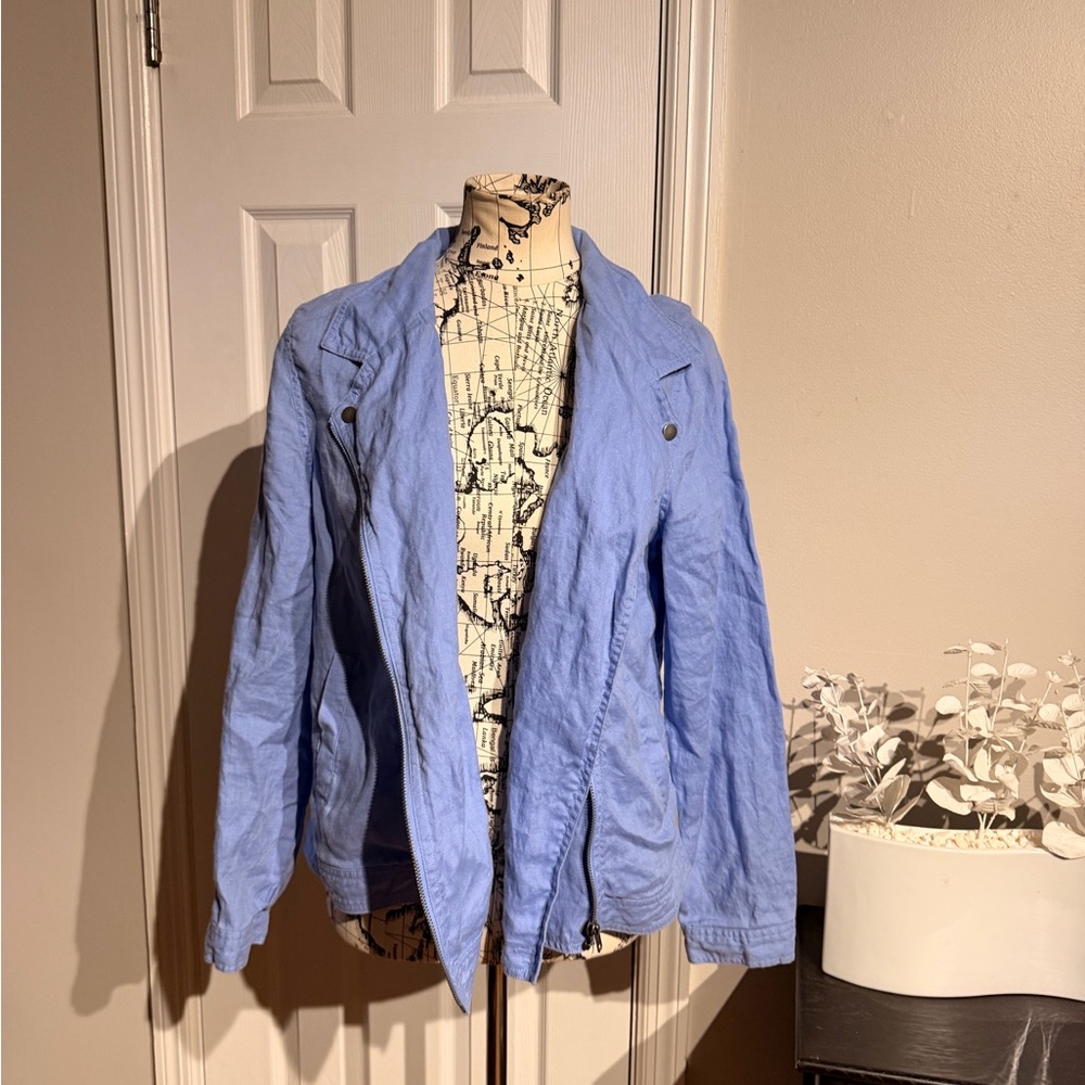 NWOT Cynthia Rowley 100% Linen Moto Zip Asymmetric periwinkle coastal colorful L